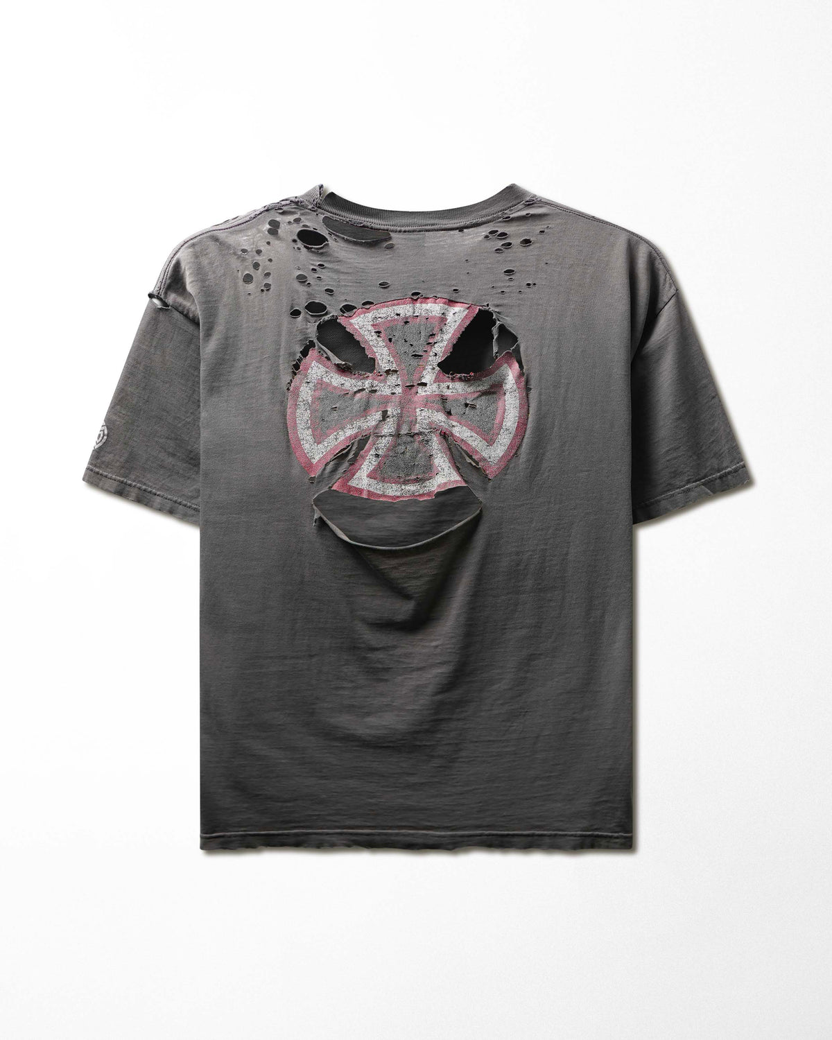 Vintage NHS "Independent Iron Cross" Grey Faded Destroyed Repaired T-Shirt - product view 3