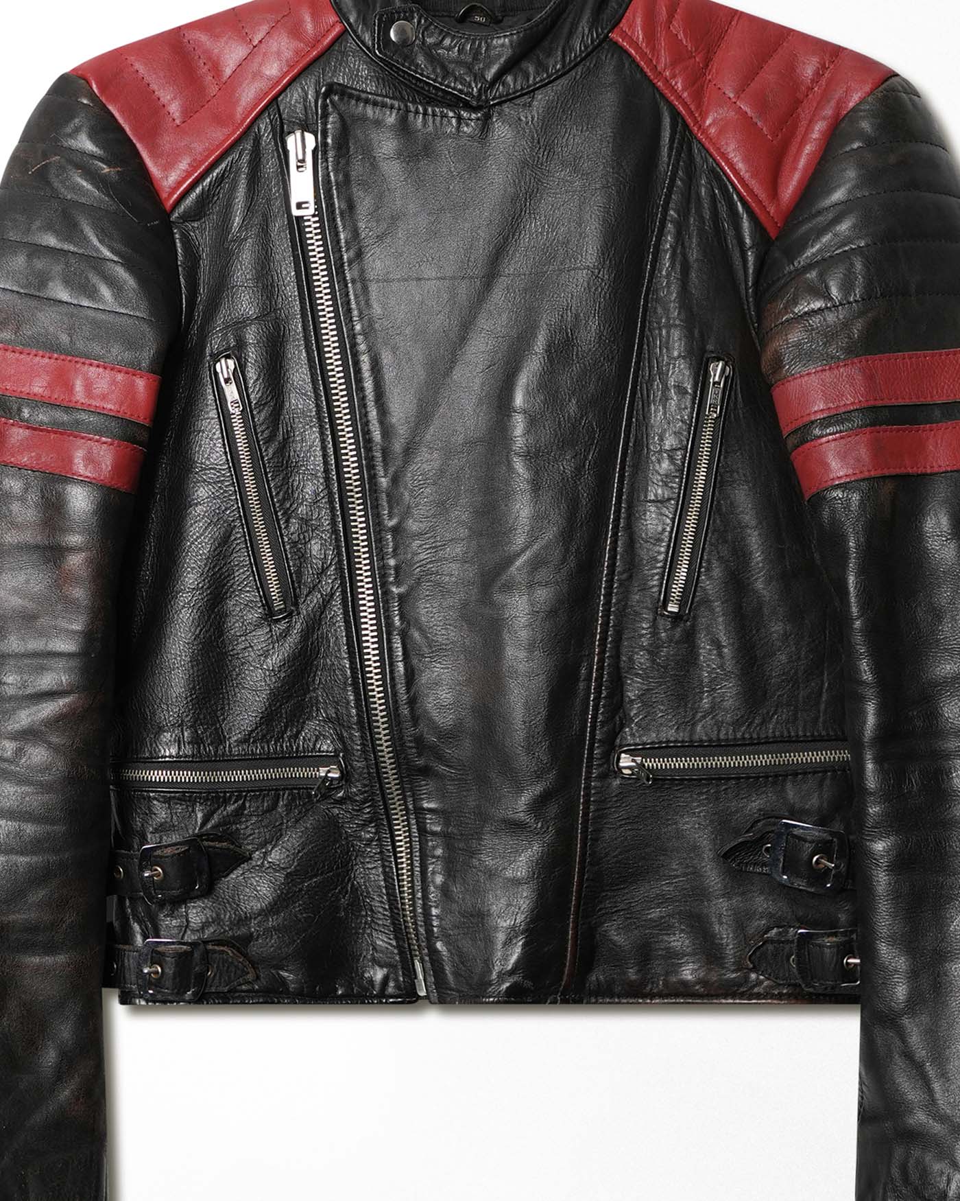 ETCHES LEATHER BLACK AND RED MOTO JACKET