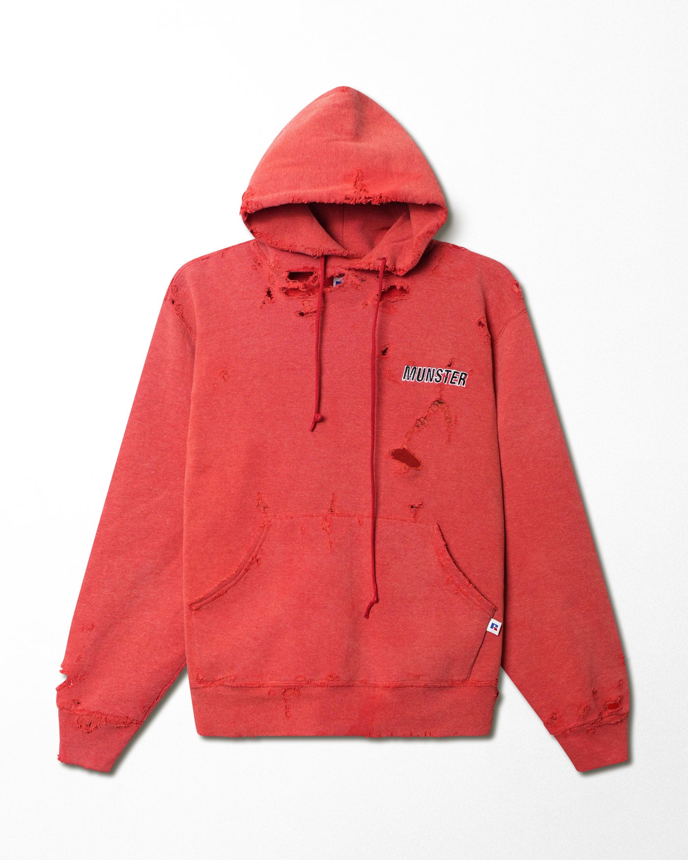 RUSSELL "MUNSTER" RED FADED AND DISTRESSED HOODIE