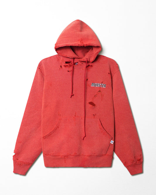 RUSSELL "MUNSTER" RED FADED AND DISTRESSED HOODIE