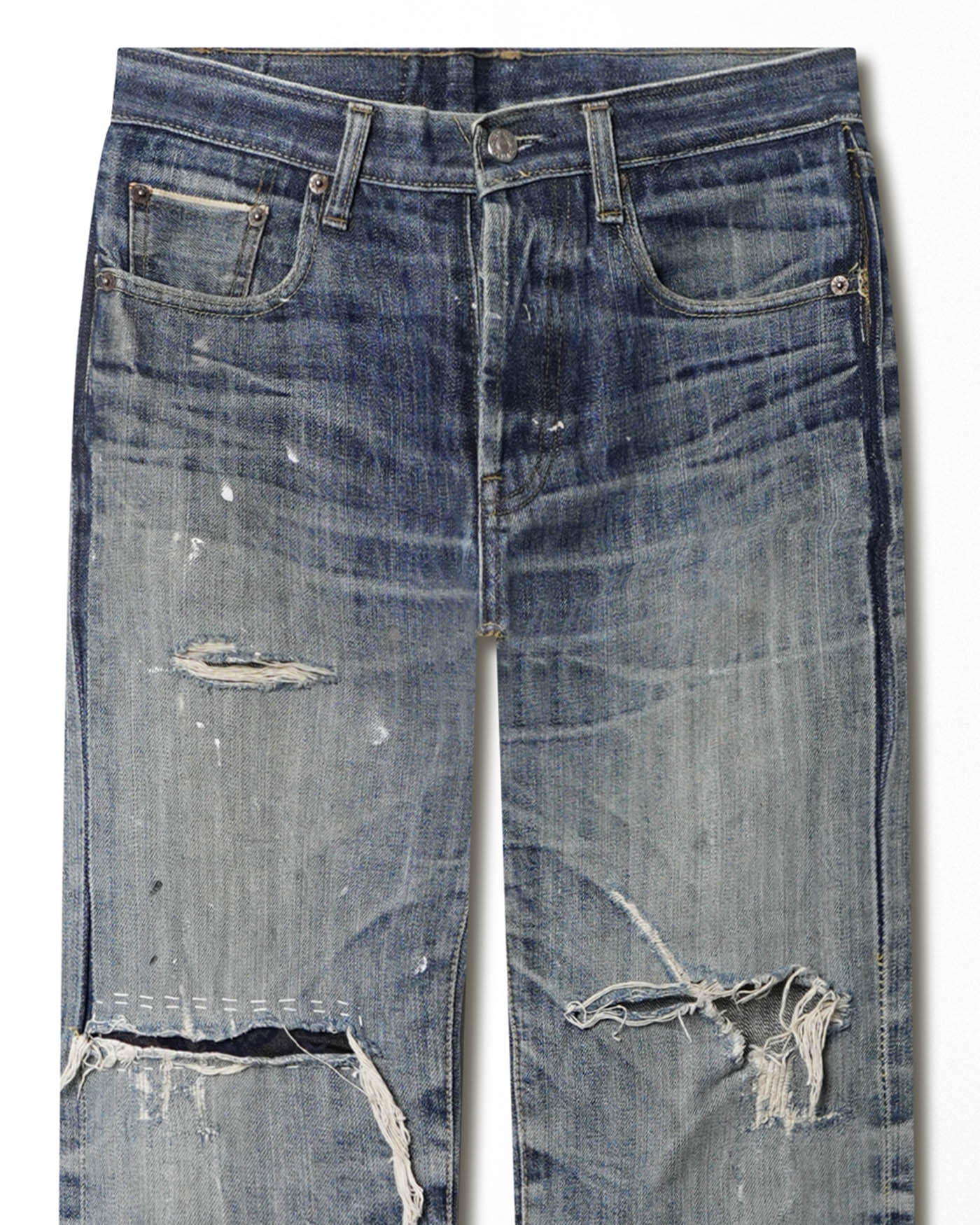 LEVI'S 501 SELVEDGE DARK WASH DISTRESSED JEANS