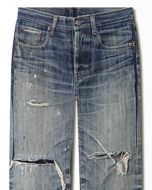 LEVI'S 501 SELVEDGE DARK WASH DISTRESSED JEANS