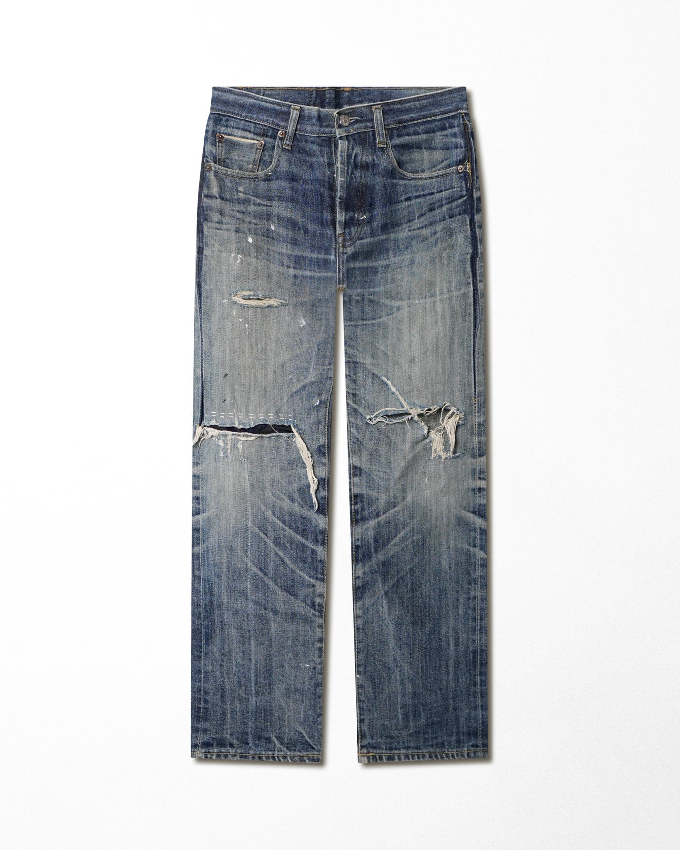 LEVI'S 501 SELVEDGE DARK WASH DISTRESSED JEANS
