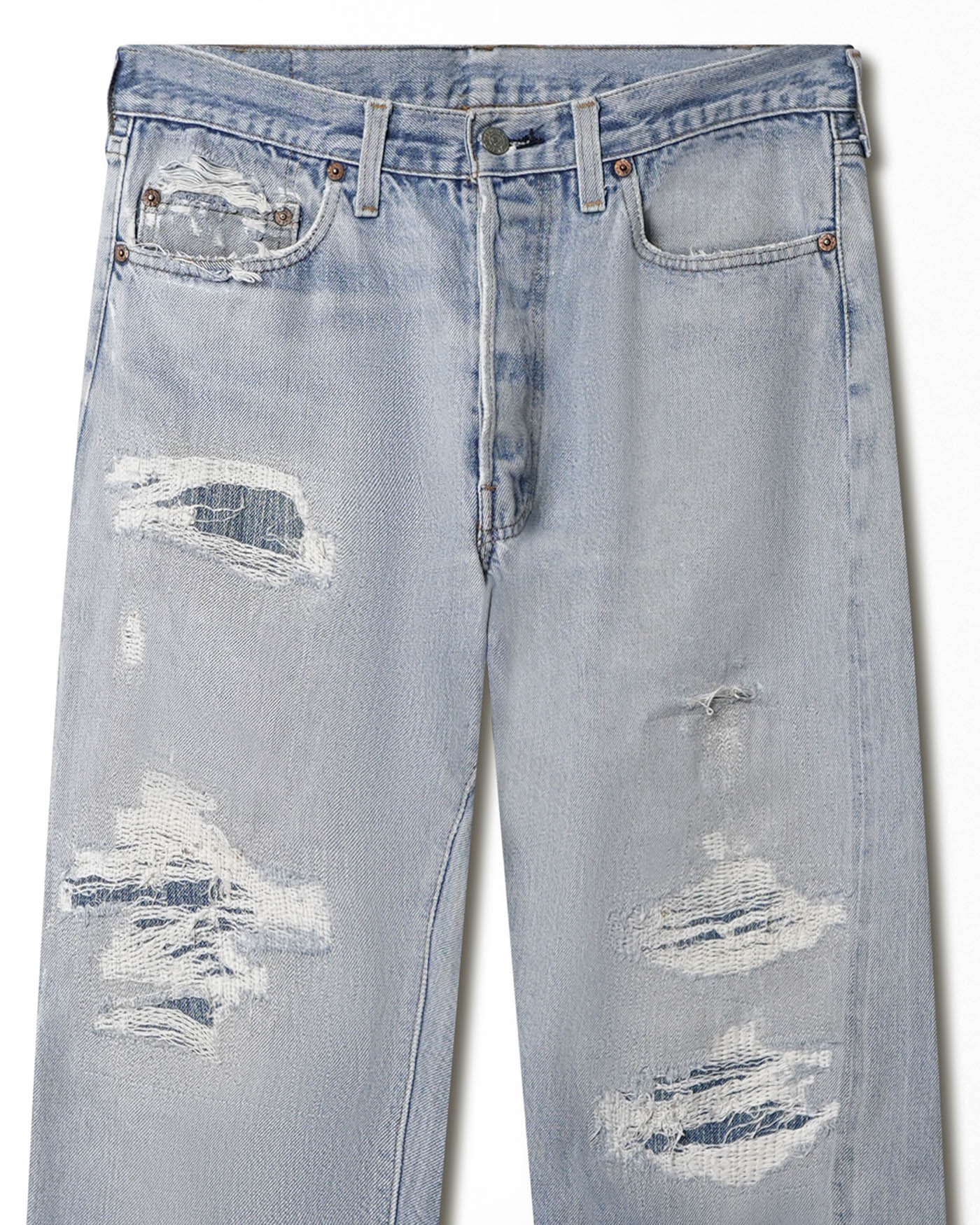 LEVI'S 501 LIGHT WASH SELVEDGE REPAIRED JEANS