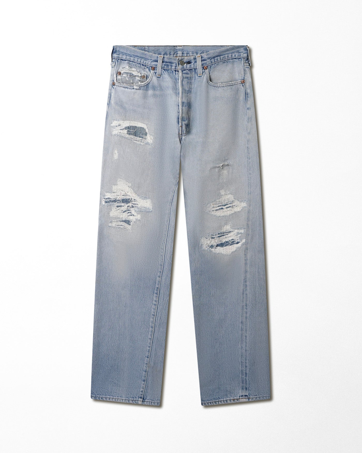 LEVI'S 501 LIGHT WASH SELVEDGE REPAIRED JEANS
