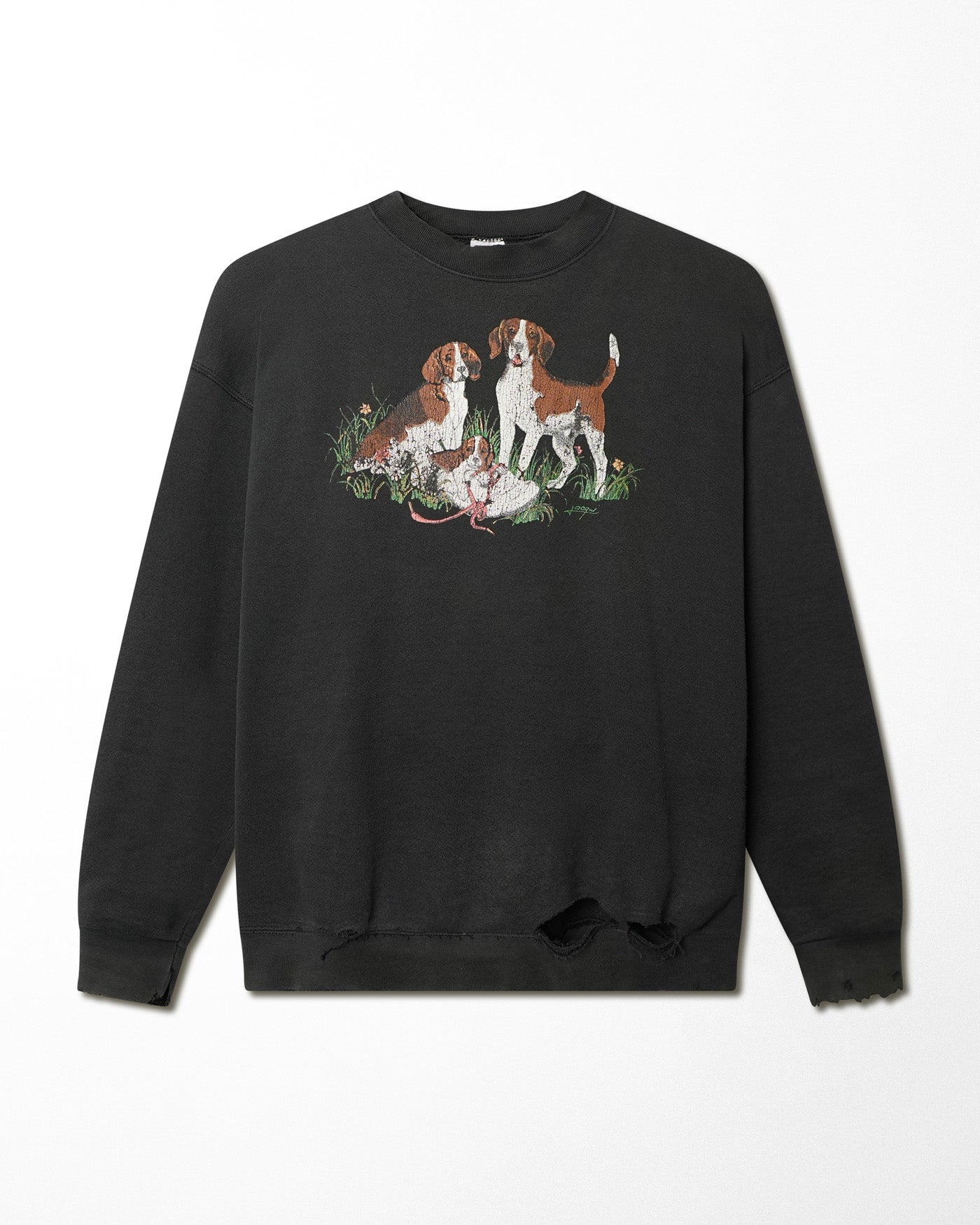 FRUIT OF THE LOOM "HUNTING DOGS" BLACK DISTRESSED SWEATER