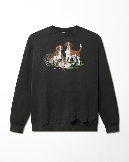 FRUIT OF THE LOOM "HUNTING DOGS" BLACK DISTRESSED SWEATER