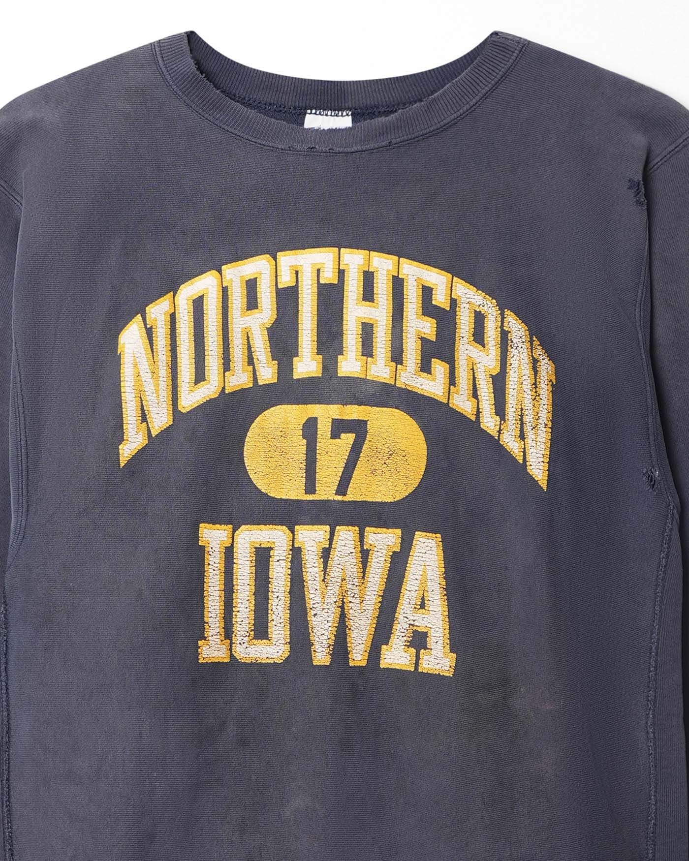 CHAMPION "NORTHERN IOWA 17" BLUE FADED DISTRESSED SWEATER