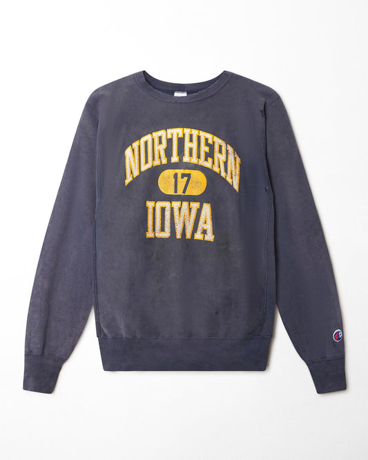 CHAMPION "NORTHERN IOWA 17" BLUE FADED DISTRESSED SWEATER