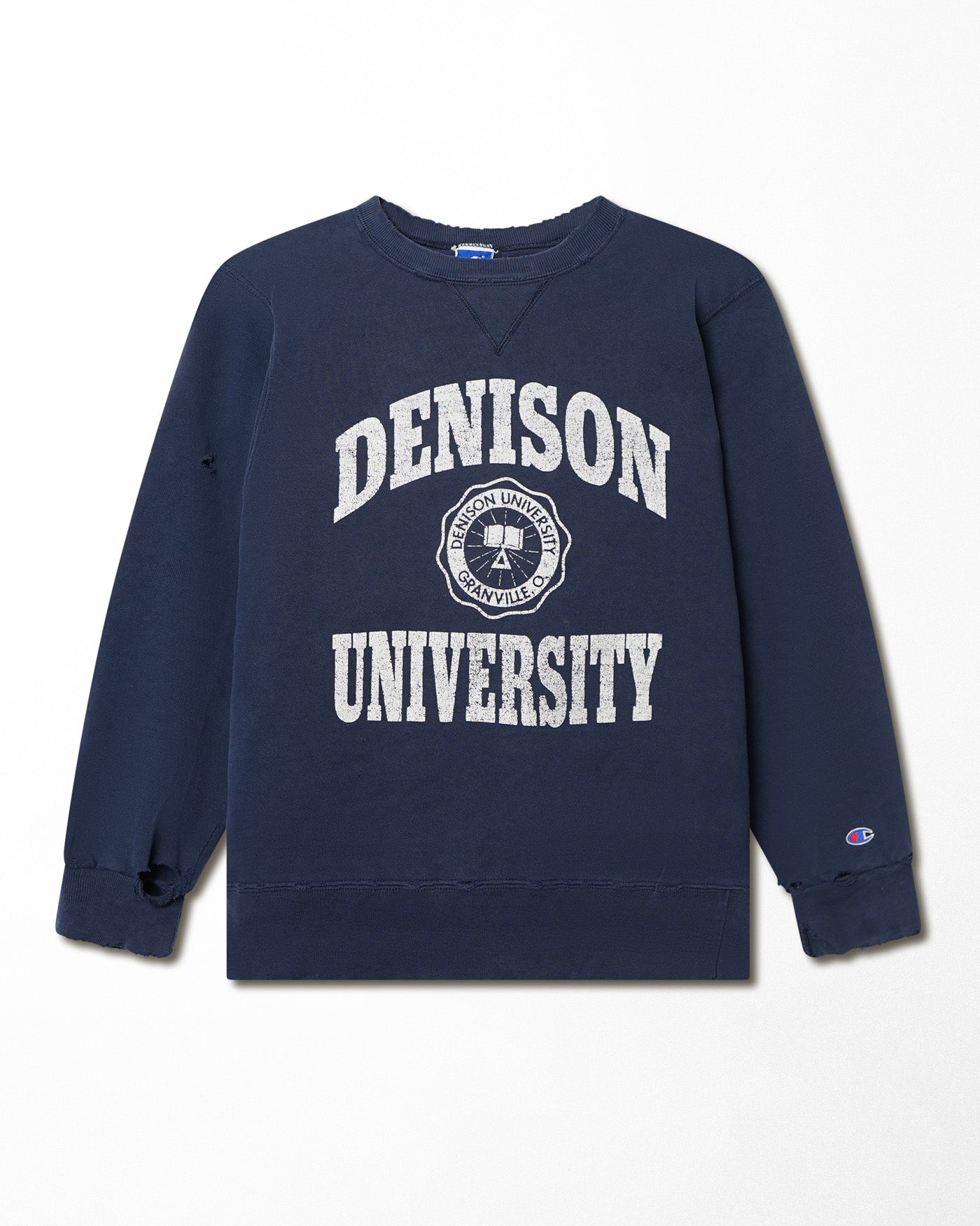 CHAMPION "DENISON UNIVERSITY" BLUE DISTRESSED SWEATER