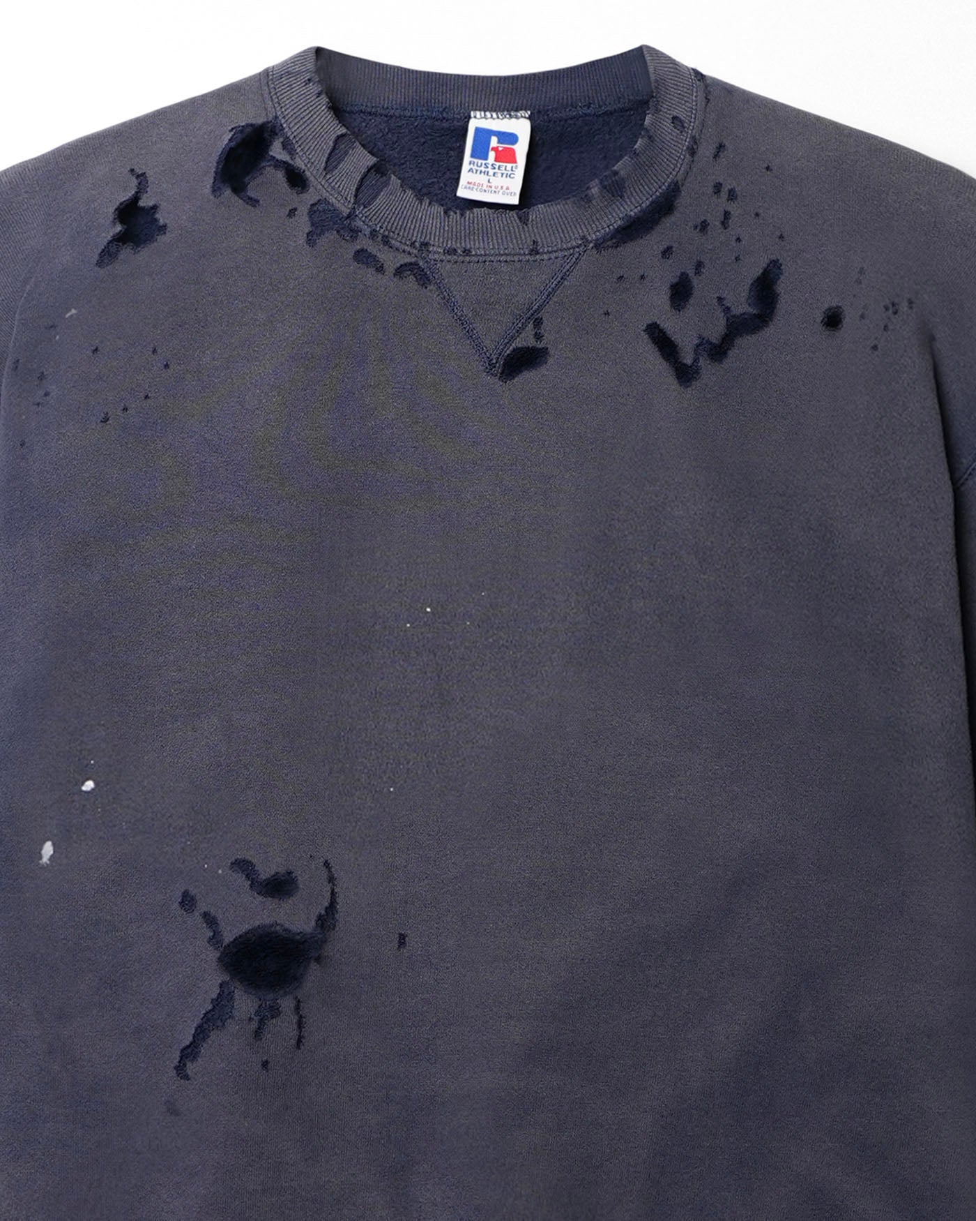 RUSSELL FADED AND DISTRESSED BLUE SWEATER