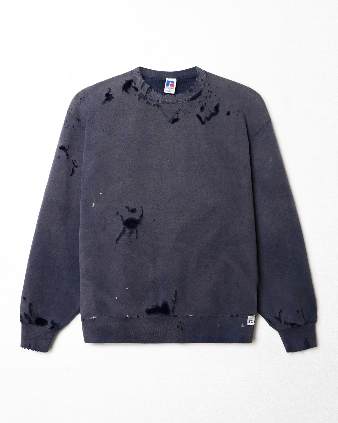 RUSSELL FADED AND DISTRESSED BLUE SWEATER
