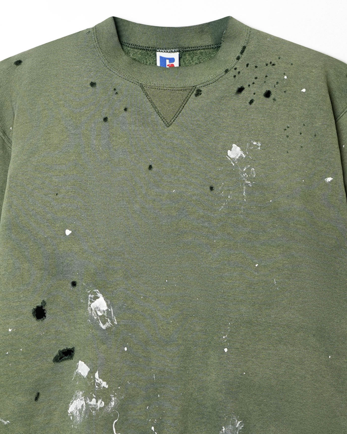 RUSSELL FADED AND DISTRESSED GREEN SWEATER