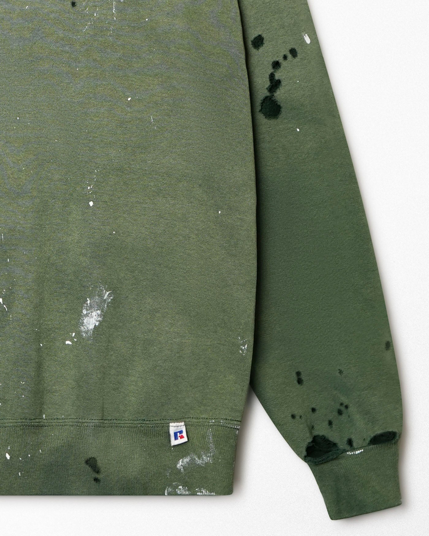 RUSSELL FADED AND DISTRESSED GREEN SWEATER