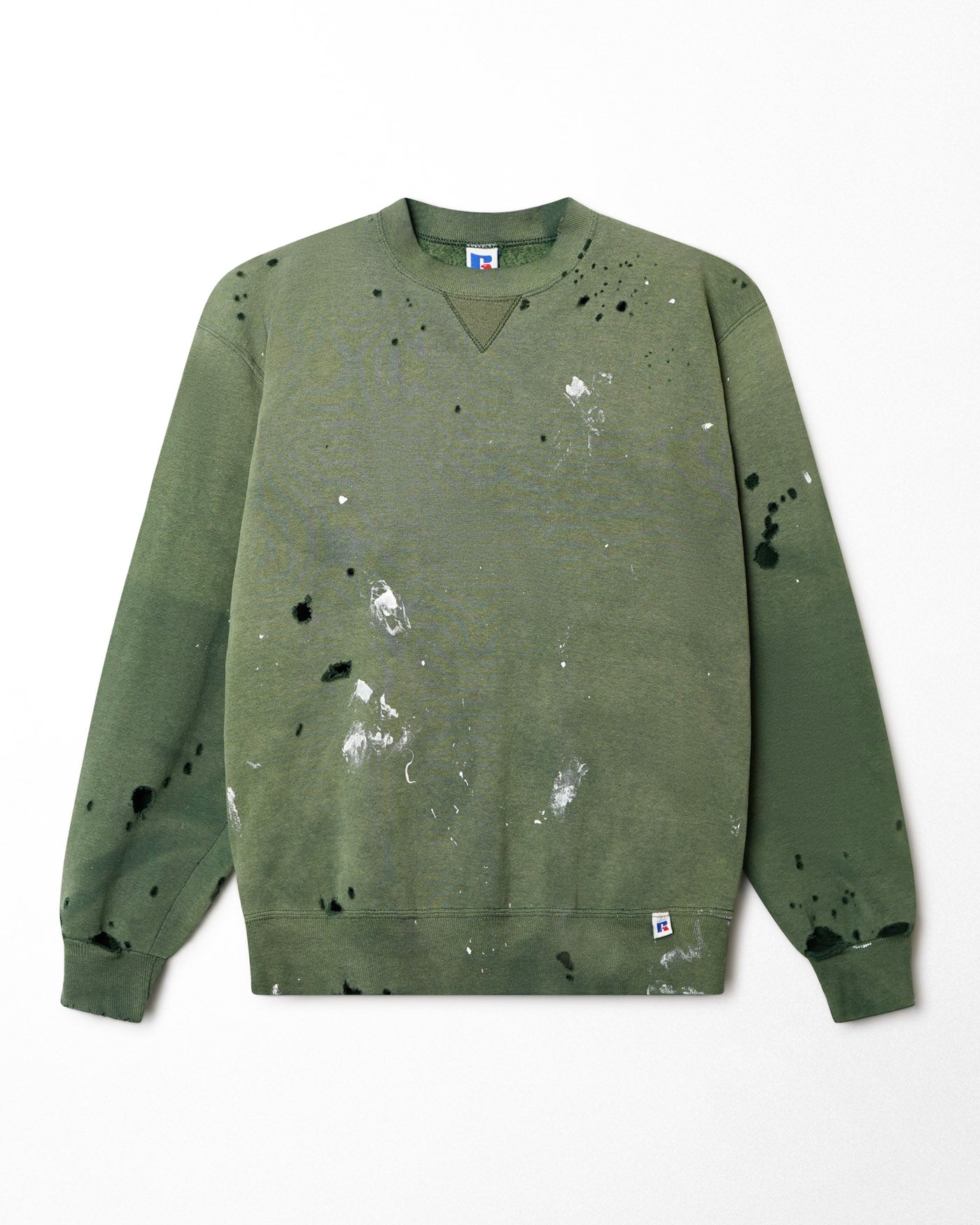RUSSELL FADED AND DISTRESSED GREEN SWEATER