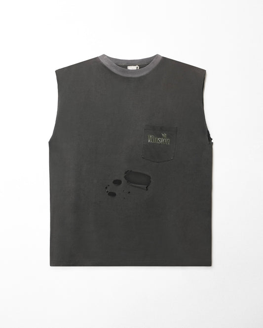 AMERICAN BORN "WINSTON" BLACK FADED DISTRESSED POCKET T-SHIRT