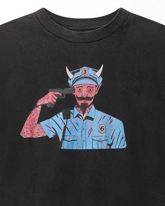 "DEVIL POLICEMAN" BLACK FADED T-SHIRT