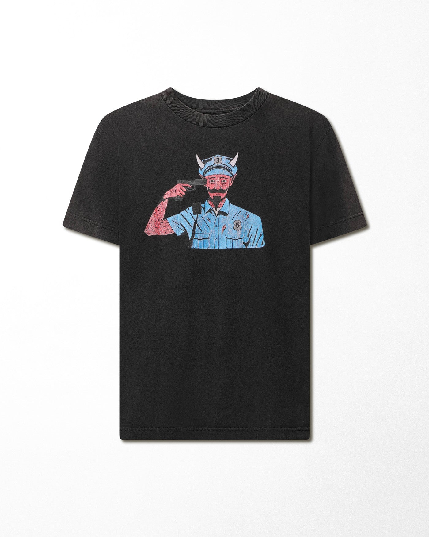 "DEVIL POLICEMAN" BLACK FADED T-SHIRT