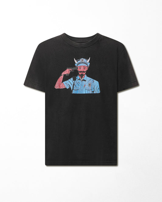 "DEVIL POLICEMAN" BLACK FADED T-SHIRT