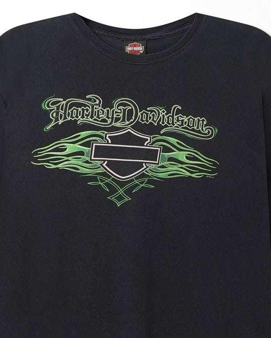 HARLEY DAVIDSON "GREEN FLAMES" BLACK FADED LONG SLEEVE T-SHIRT