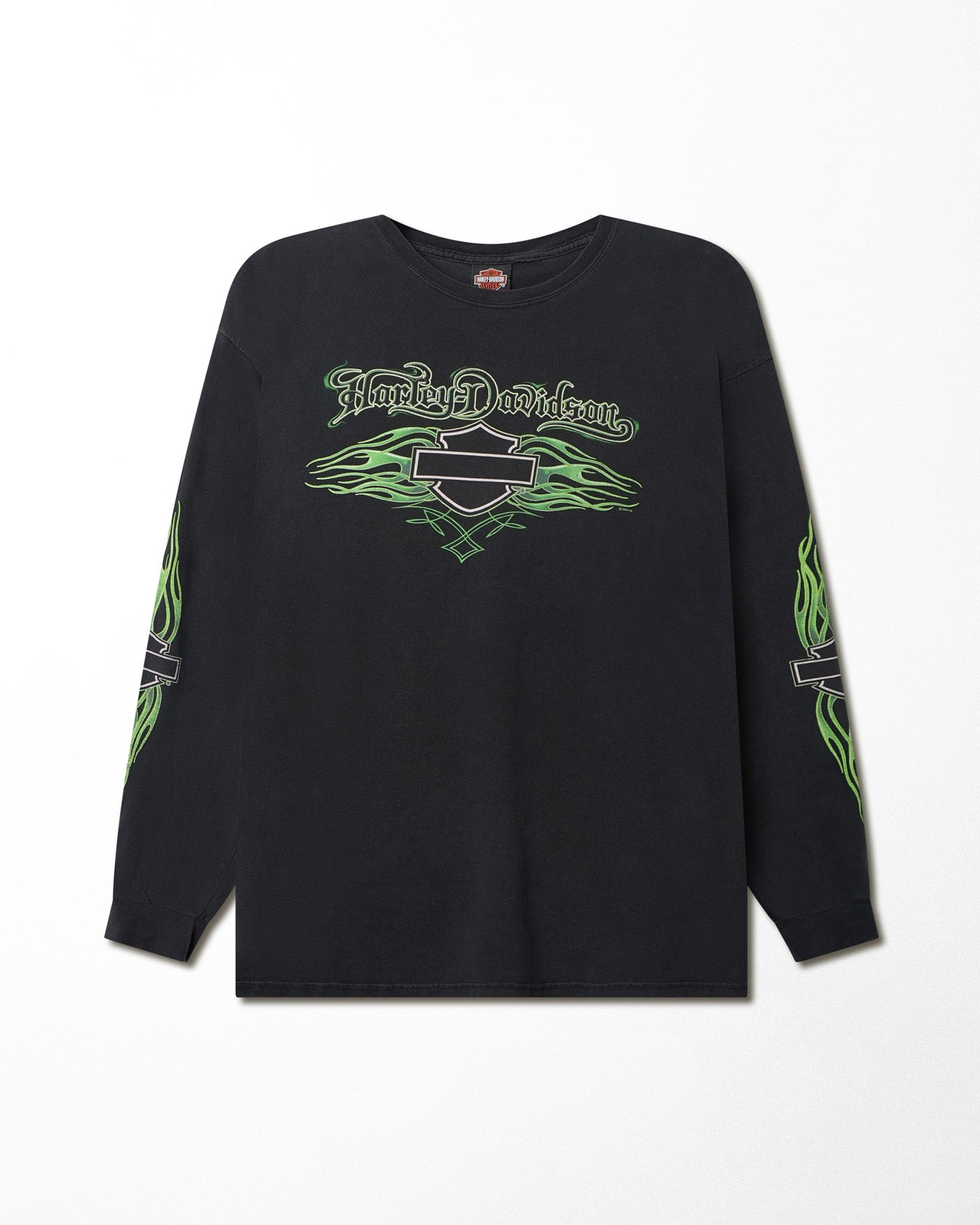 HARLEY DAVIDSON "GREEN FLAMES" BLACK FADED LONG SLEEVE T-SHIRT