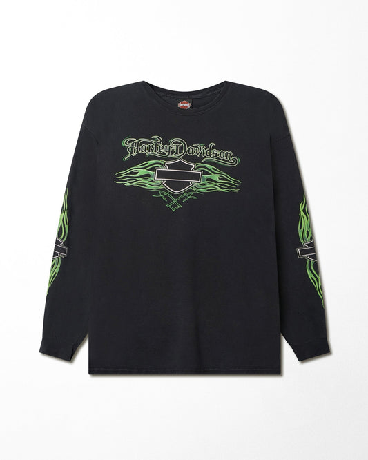 HARLEY DAVIDSON "GREEN FLAMES" BLACK FADED LONG SLEEVE T-SHIRT