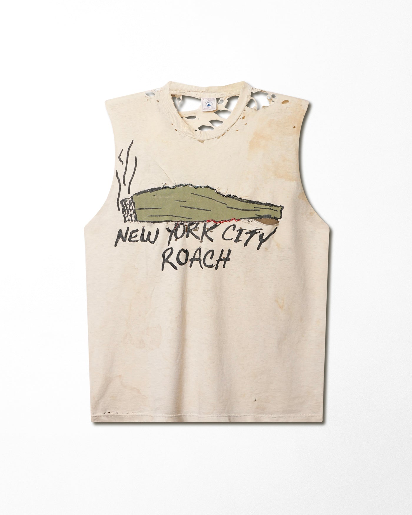 DELTA "NEW YORK CITY ROACH" WHITE DESTROYED SLEEVELESS T-SHIRT