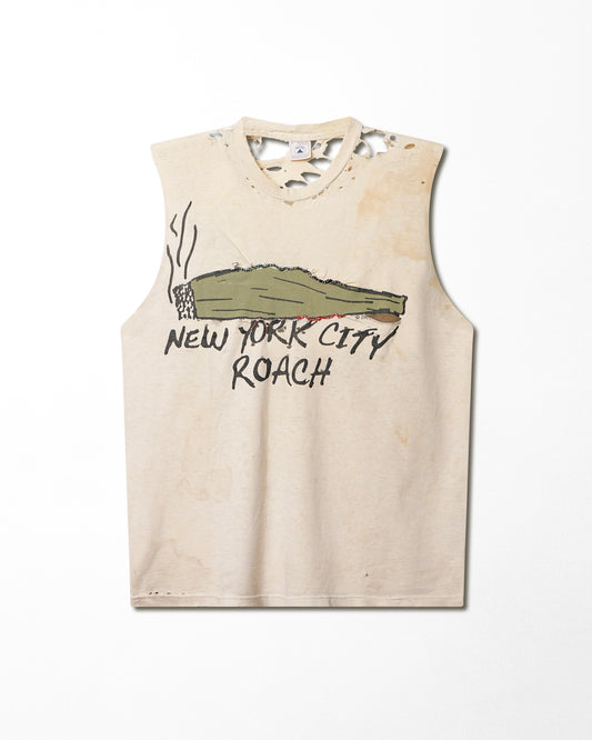 DELTA "NEW YORK CITY ROACH" WHITE DESTROYED SLEEVELESS T-SHIRT