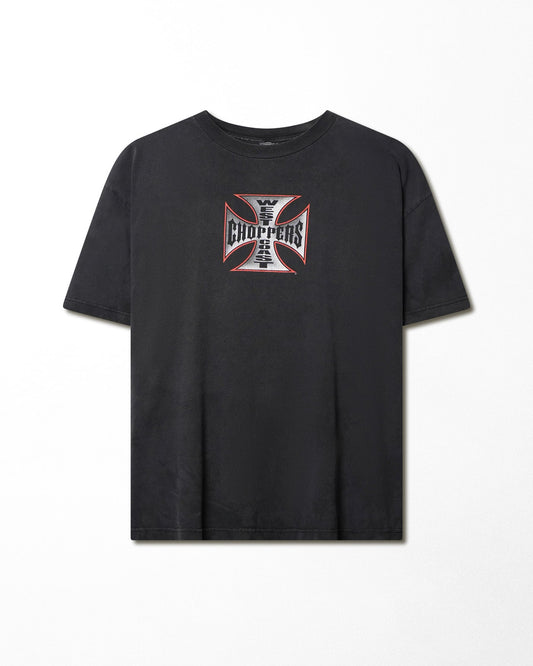 WEST COAST CHOPPERS "RED AND WHITE CROSS" BLACK FADED T-SHIRT