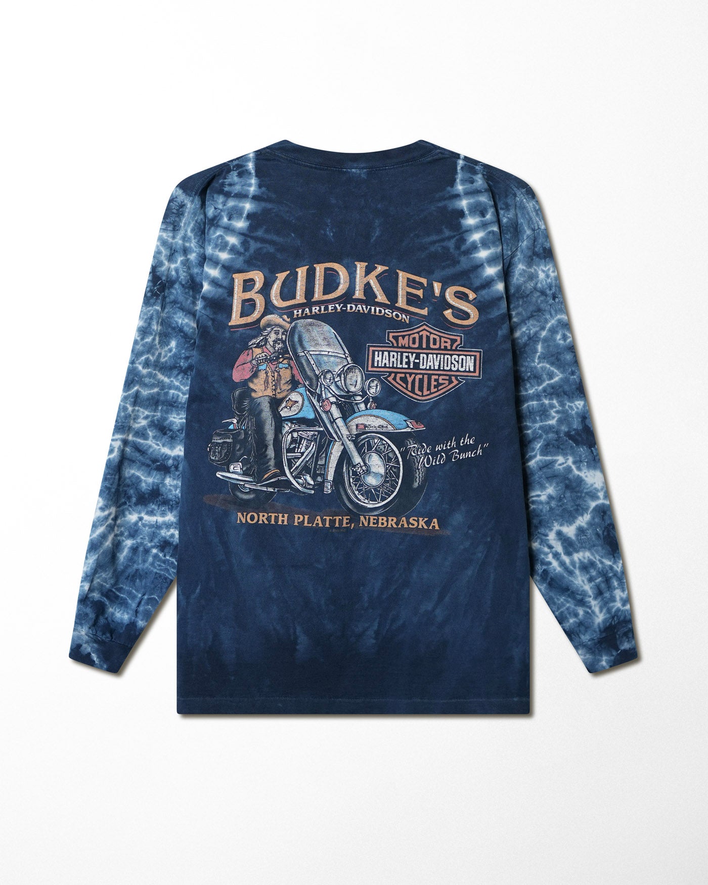 HARLEY DAVIDSON "BUDKE'S WILD BUNCH" BLUE TIE DYE LONG SLEEVE T-SHIRT
