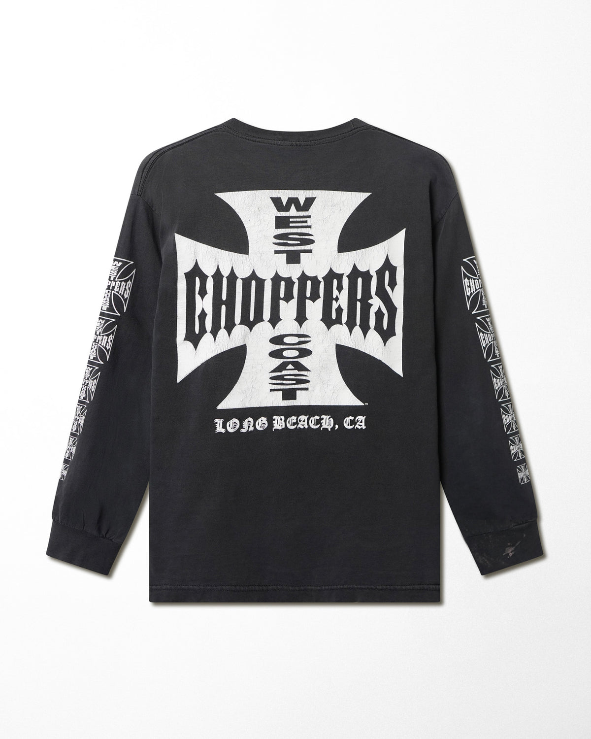 Vintage Alstyle West Coast Choppers "Classic Logo" black faded long sleeve T-shirt - lower right sleeve stain detail 1