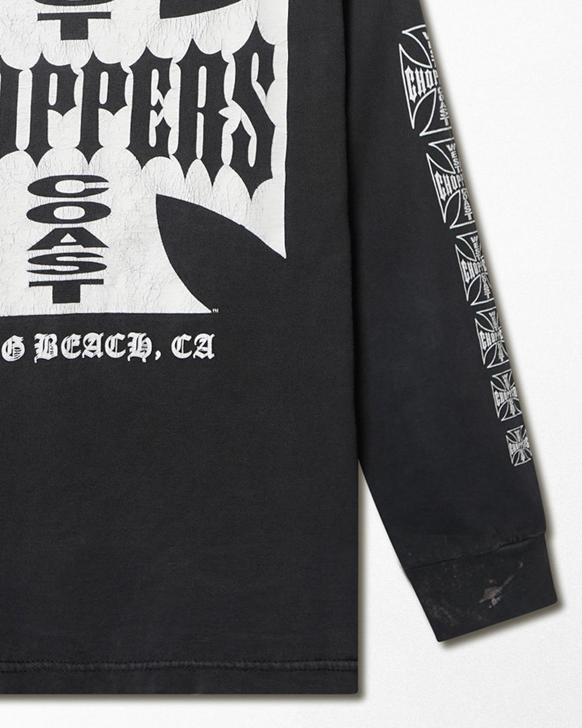 Vintage Alstyle West Coast Choppers "Classic Logo" black faded long sleeve T-shirt - lower right sleeve stain detail 2