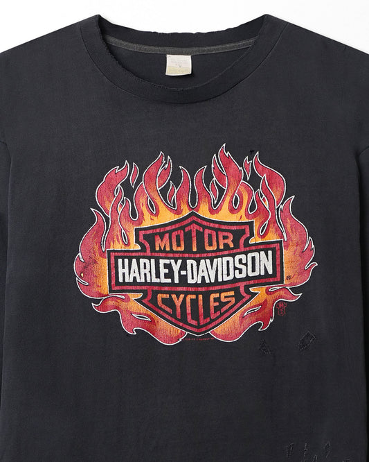 TOUCH OF GOLD HARLEY DAVIDSON "RED FLAMES" BLACK DISTRESSED LONG SLEEVE T-SHIRT