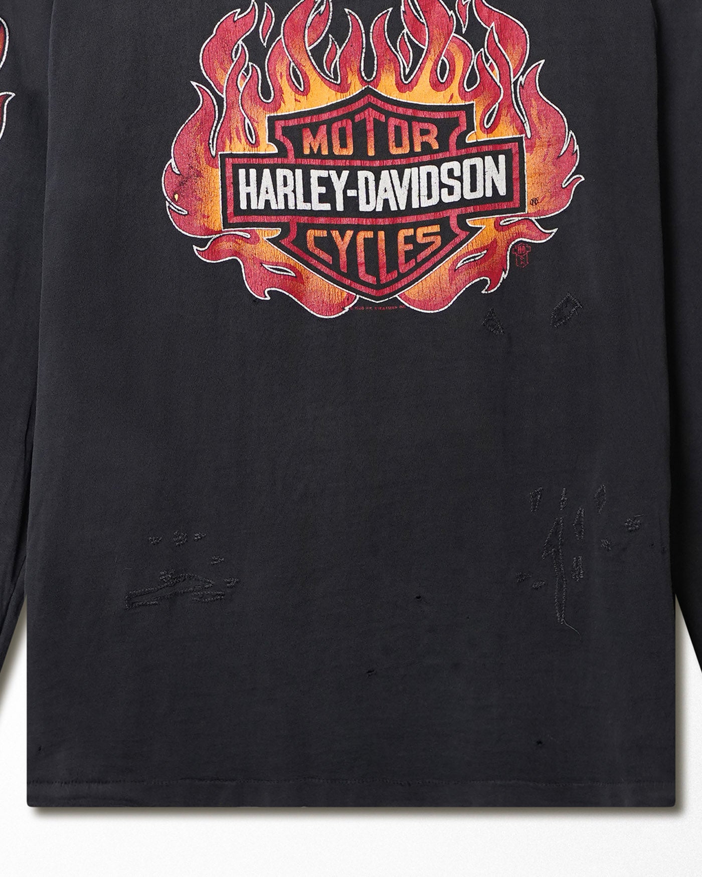 TOUCH OF GOLD HARLEY DAVIDSON "RED FLAMES" BLACK DISTRESSED LONG SLEEVE T-SHIRT