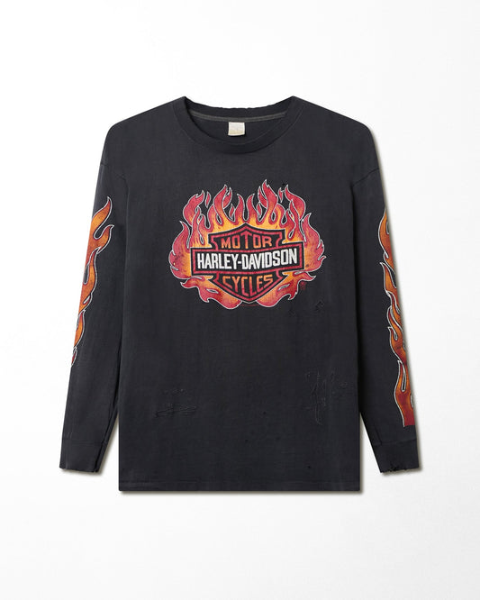 TOUCH OF GOLD HARLEY DAVIDSON "RED FLAMES" BLACK DISTRESSED LONG SLEEVE T-SHIRT