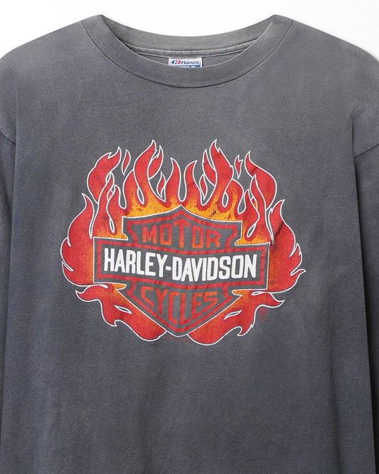 HANES HARLEY DAVIDSON "RED FLAMES" GREY FADED LONG SLEEVE T-SHIRT