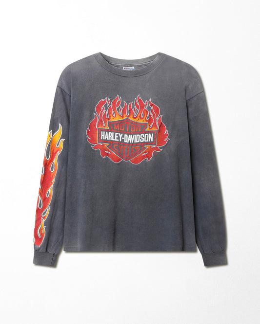 HANES HARLEY DAVIDSON "RED FLAMES" GREY FADED LONG SLEEVE T-SHIRT