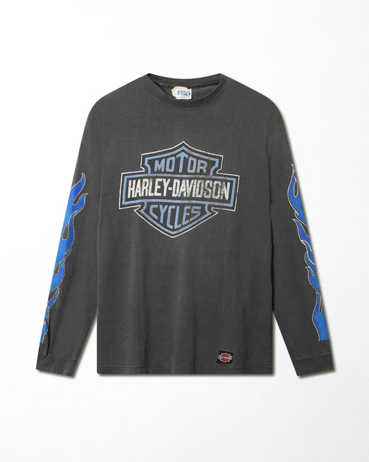 HANES HARLEY DAVIDSON "BLUE FLAMES" BLACK FADED LONG SLEEVE T-SHIRT