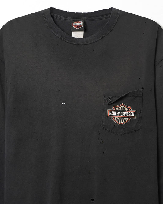 HARLEY DAVIDSON "BROTHERHOOD" BLACK FADED DISTRESSED POCKET LONG SLEEVE T-SHIRT