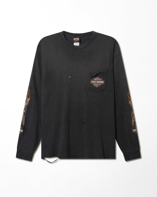 HARLEY DAVIDSON "BROTHERHOOD" BLACK FADED DISTRESSED POCKET LONG SLEEVE T-SHIRT