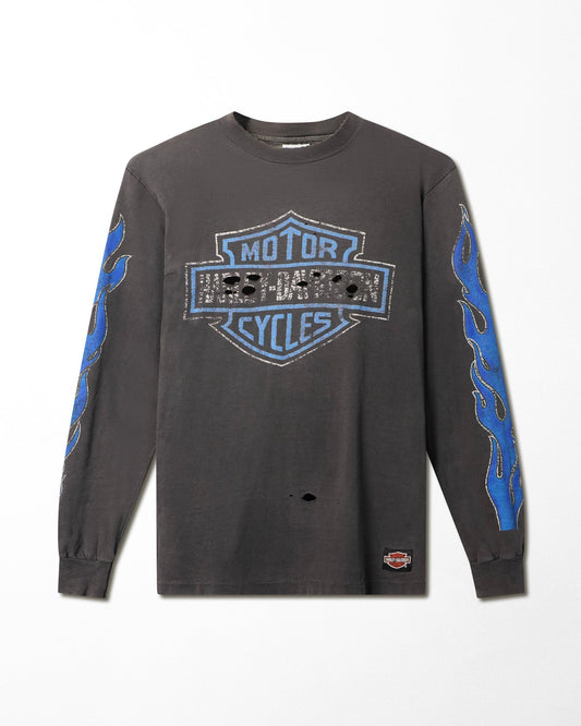 HANES HARLEY DAVIDSON "BLUE FLAMES" BLACK FADED LONG SLEEVE T-SHIRT