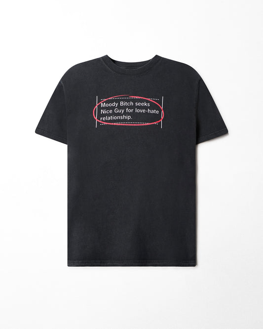 HANES "MOODY BITCH SEEKS" BLACK FADED T-SHIRT