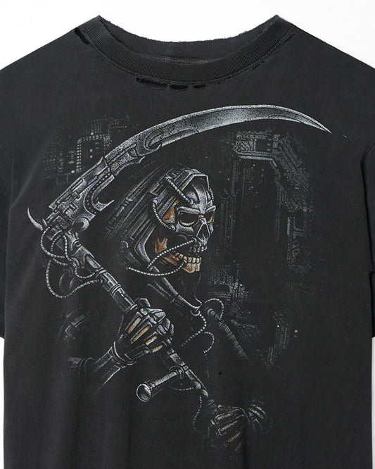 "GRIM REAPER" BLACK FADED DISTRESSED REVERSIBLE T-SHIRT