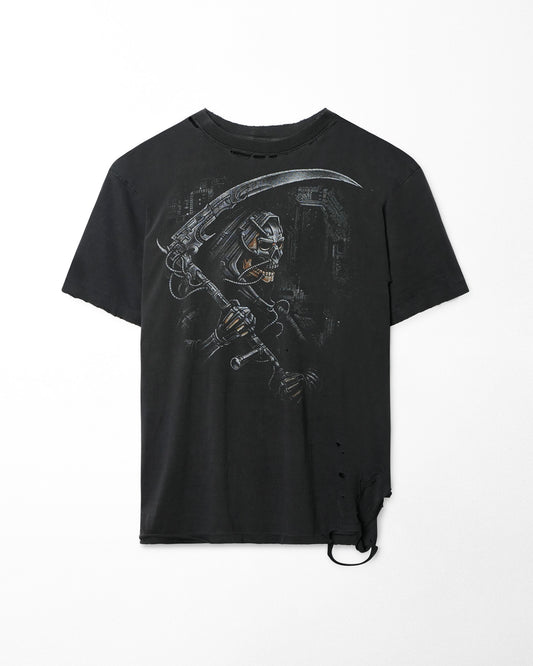 "GRIM REAPER" BLACK FADED DISTRESSED REVERSIBLE T-SHIRT